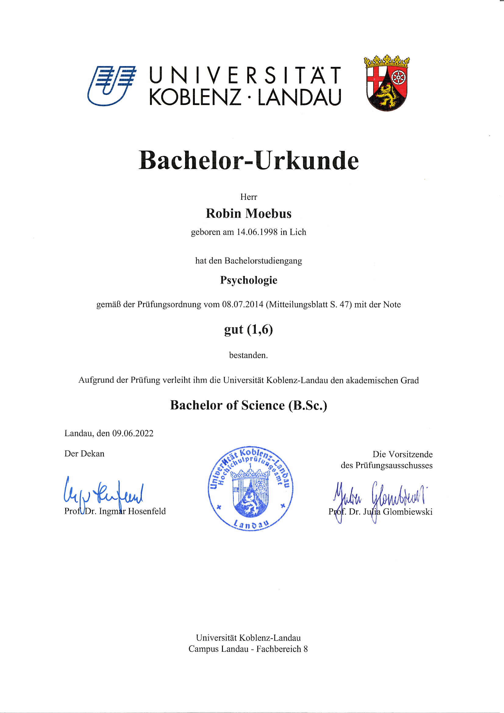 B.Sc. Psychology Certificate