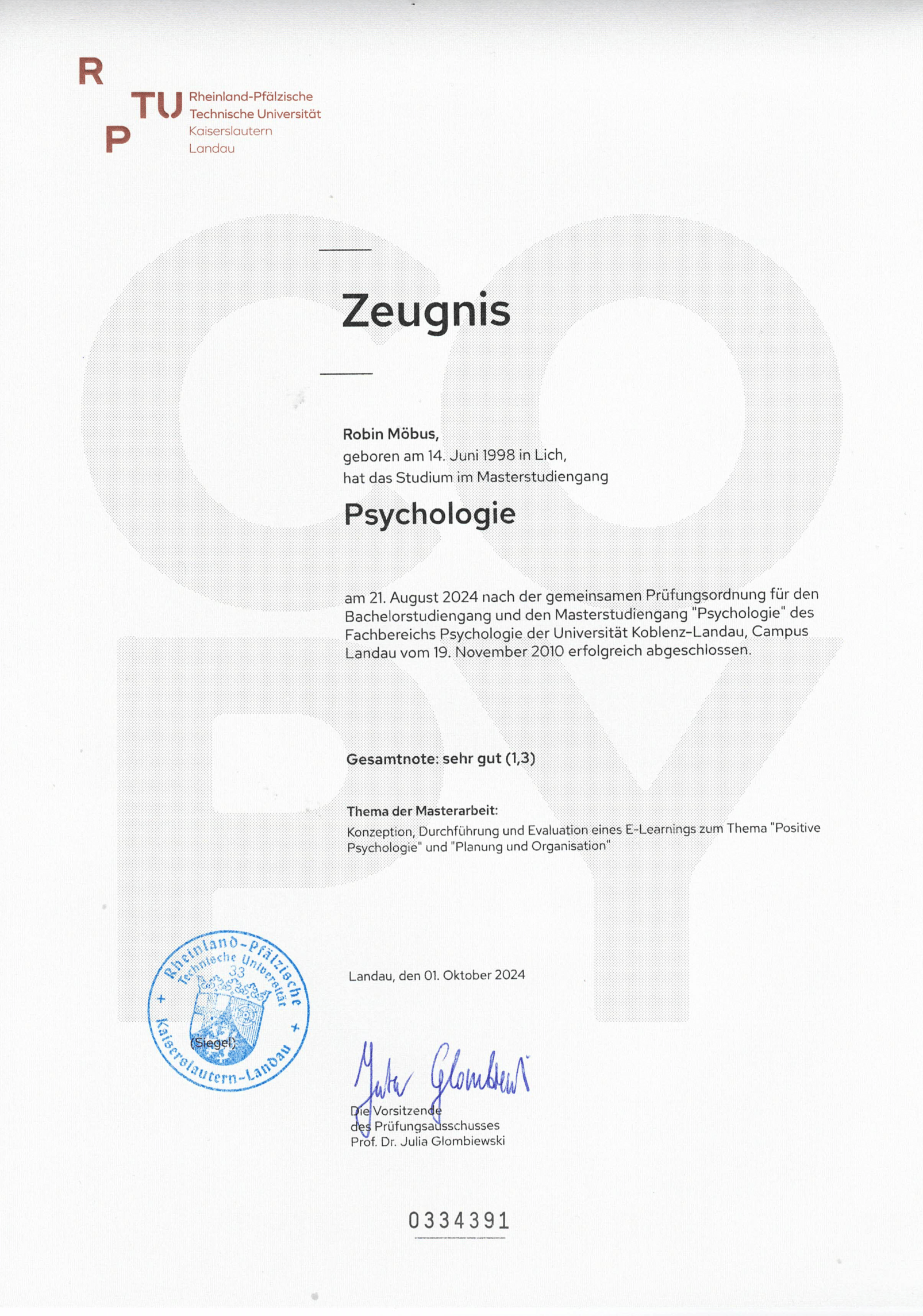 M.Sc. Psychology Certificate