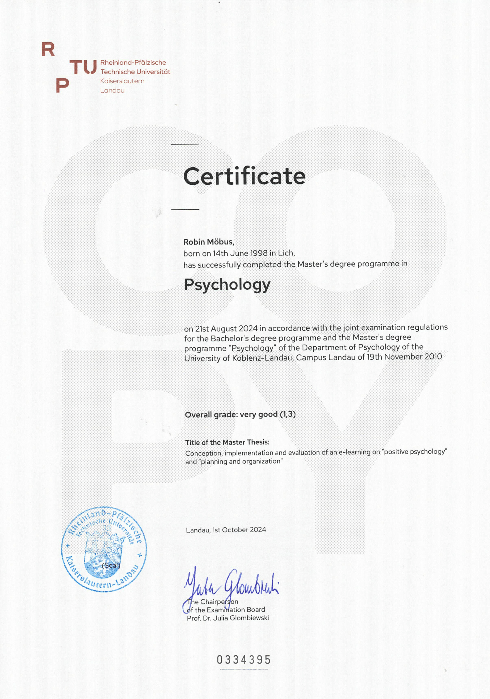 M.Sc. Psychology Certificate